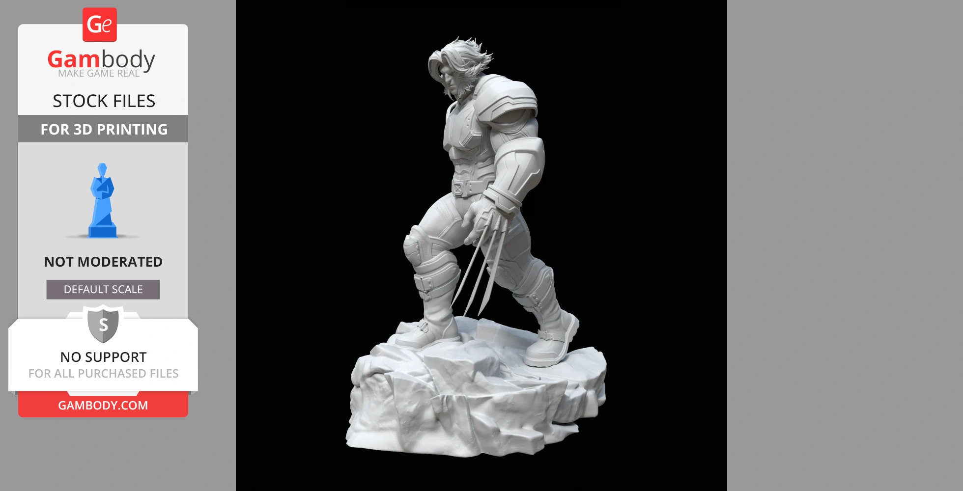 A 3D model of a muscular figure in armor, standing on a rocky base with extended claws.
