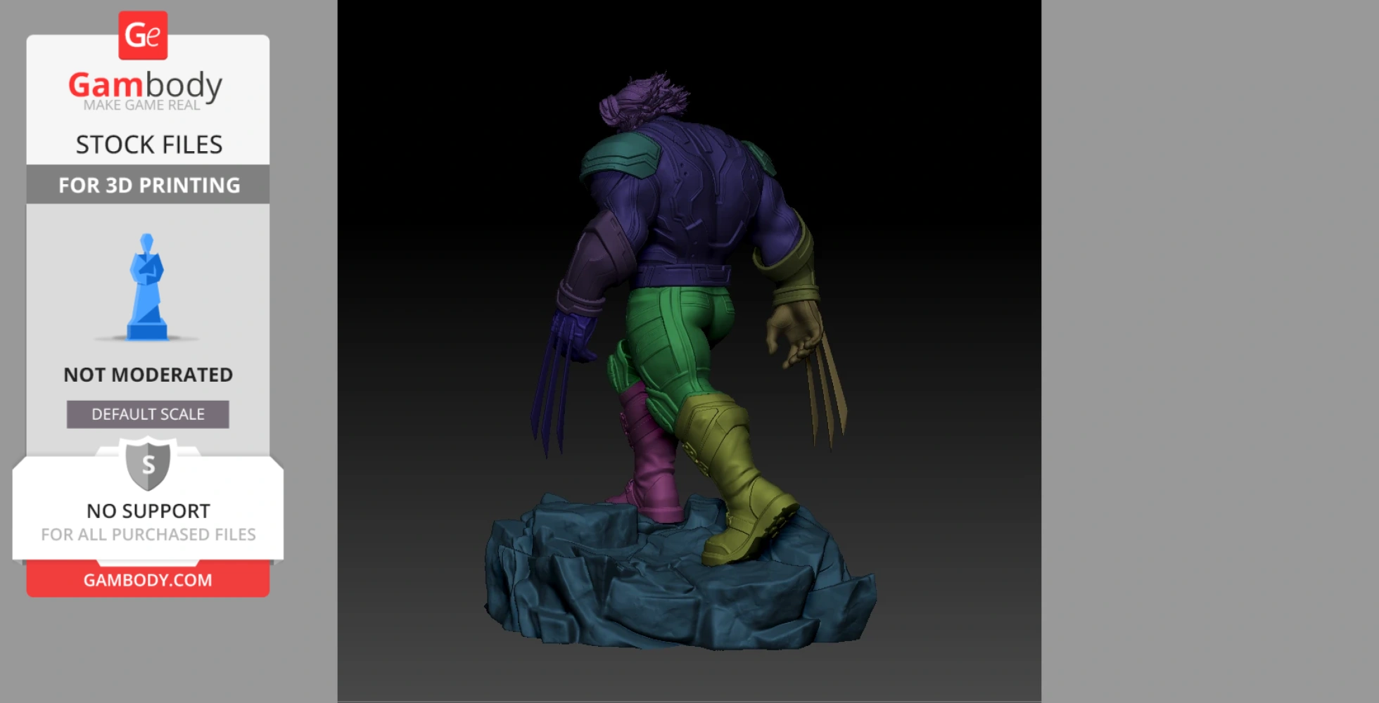A colorful 3D model of a muscular character with claws, standing on a rocky base, viewed from behind.