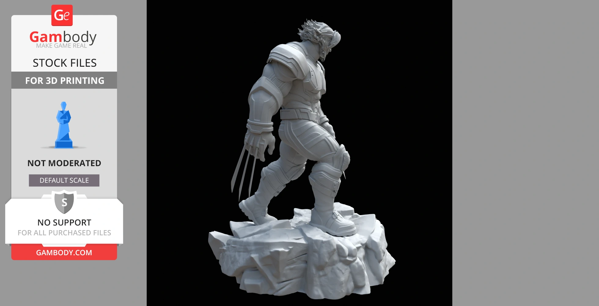 A detailed 3D model of a muscular figure with claws, standing on rocky terrain, ready for 3D printing.