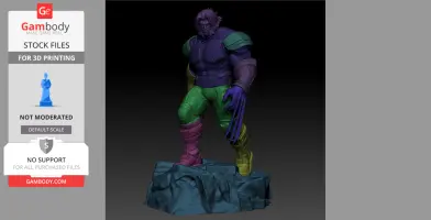 A 3D print model of a superhero with claws, posed standing on a rocky base.