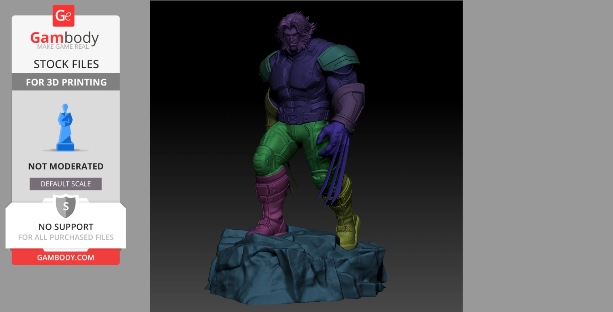 A 3D print model of a superhero with claws, posed standing on a rocky base.
