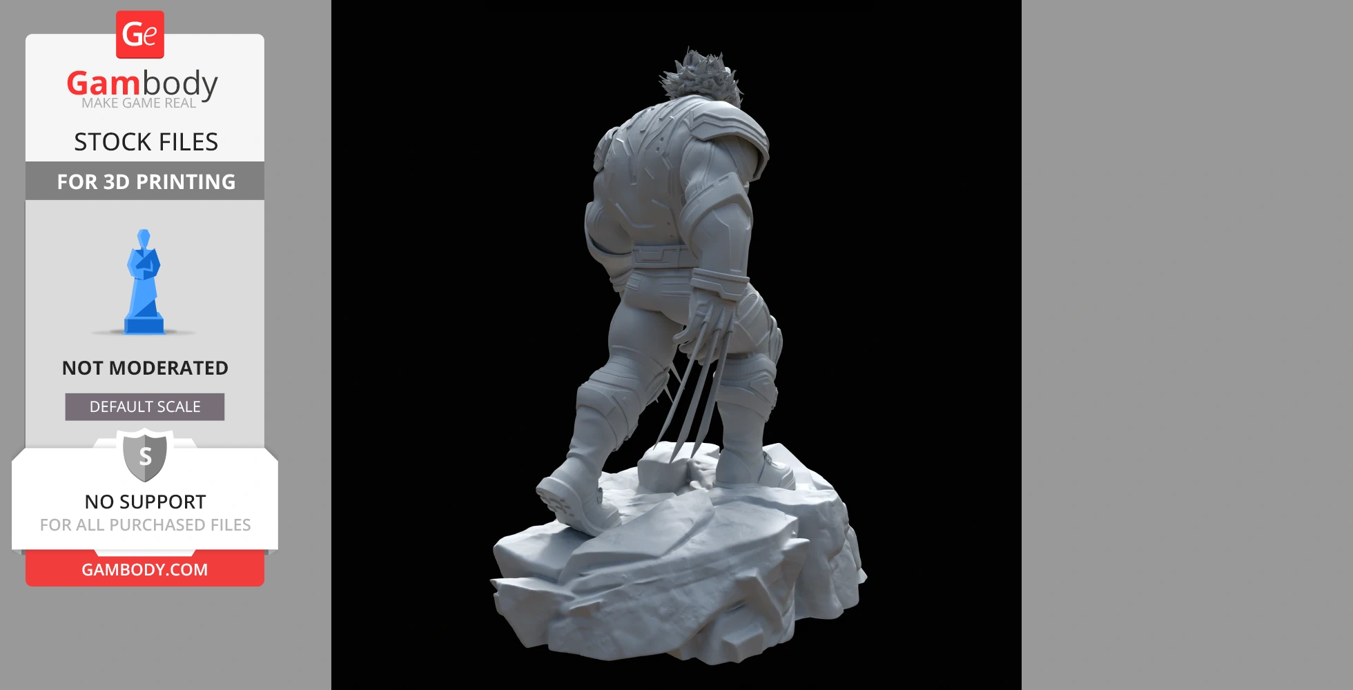 A 3D model of Wolverine standing on a rocky base with claws extended, facing away.