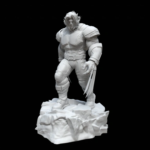 A muscular figure in armor, with claws extended, stands on rocky terrain, inspired by a superhero character.