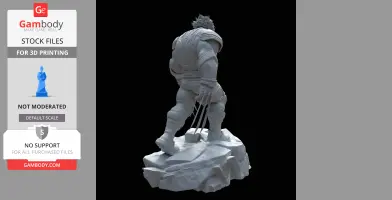 A 3D model of Wolverine standing on a rocky base with claws extended, facing away.
