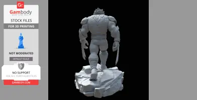 A 3D model of a muscular figure with claws, standing on a rocky base, viewed from behind.