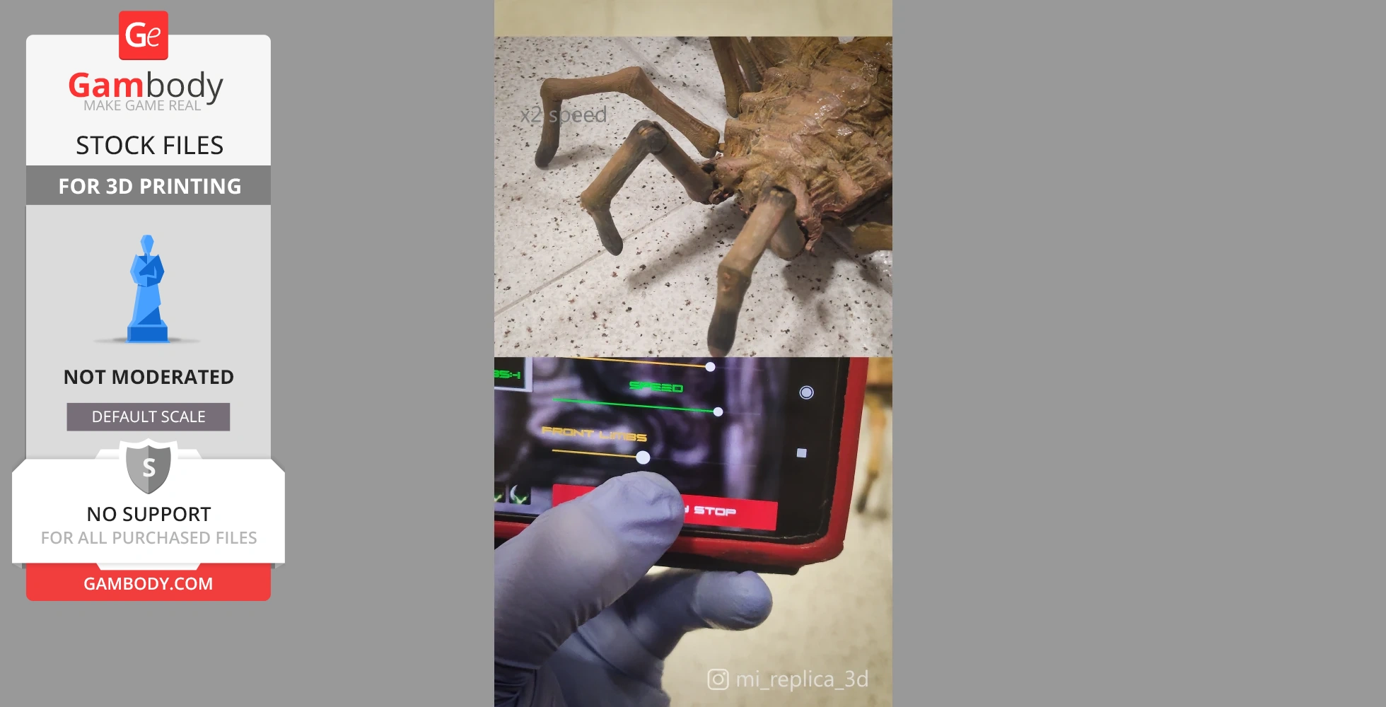 Close-up of animatronic facehugger model and a gloved hand operating a control interface on a smartphone.