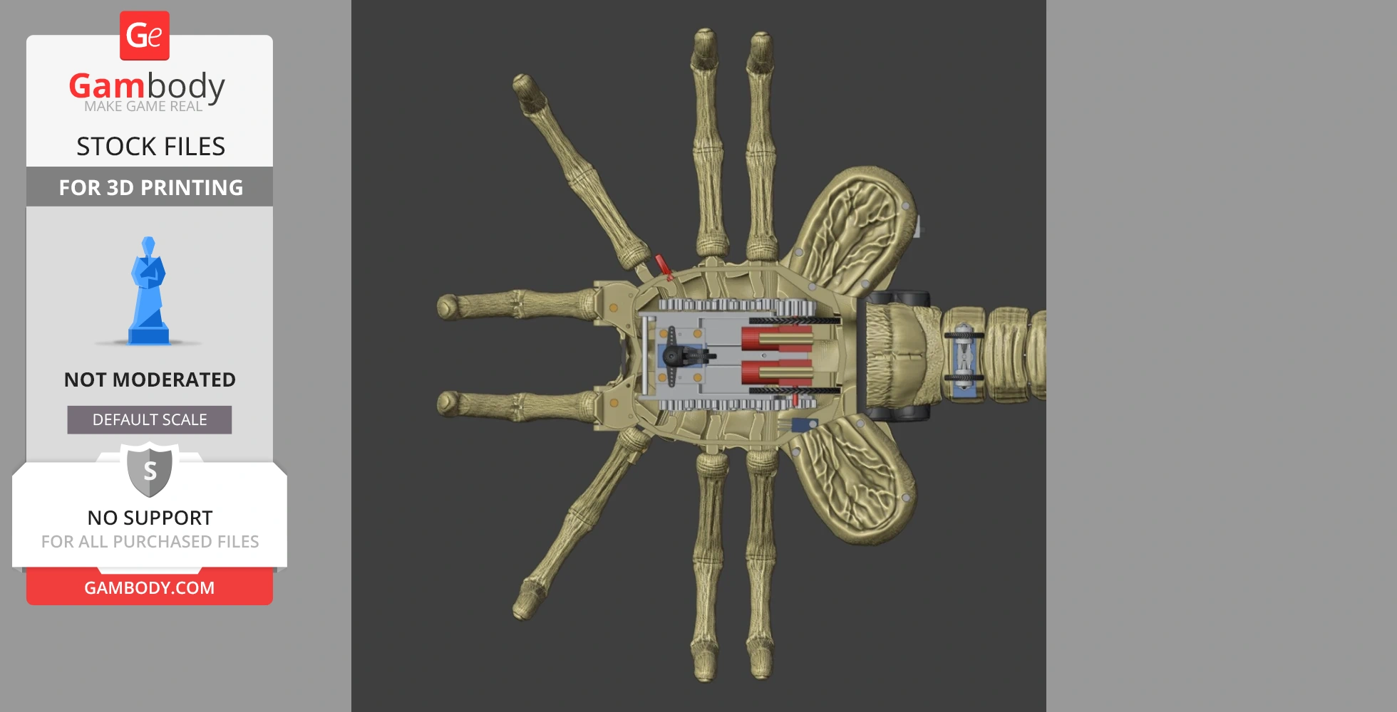 Robotic facehugger model design with detailed underside mechanics for 3D printing.