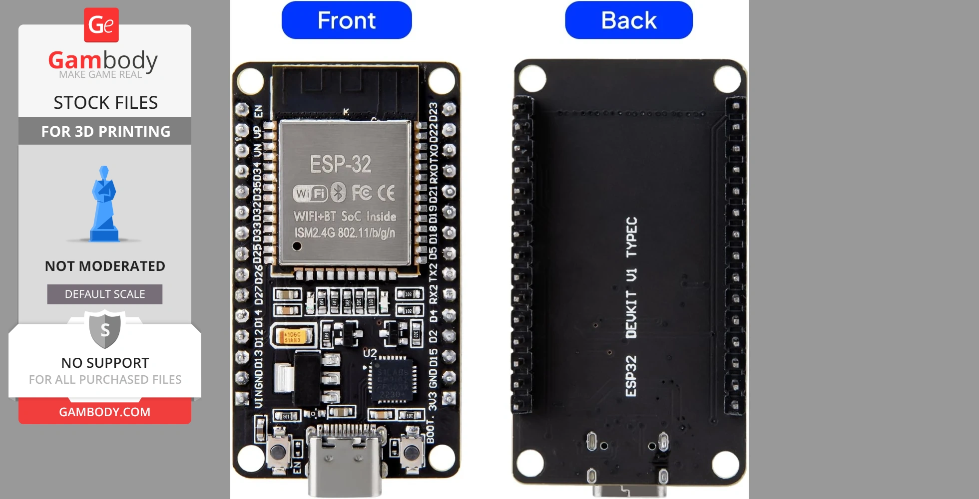 The image shows the front and back of an ESP32 development board with connectivity interfaces.
