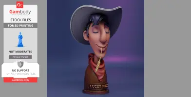 Cowboy bust with closed eyes, wide hat, red neckerchief, and straw in mouth on a 'Lucky Luke' base.