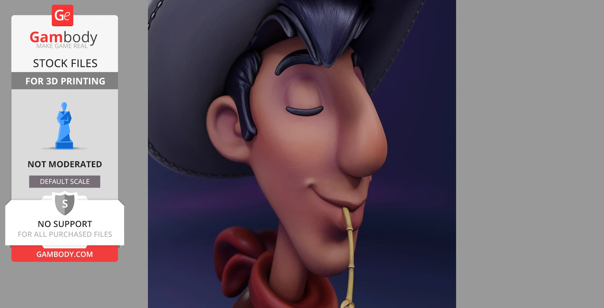 Cowboy cartoon character bust, eyes closed, smirking with straw in mouth, wearing a wide-brimmed hat.