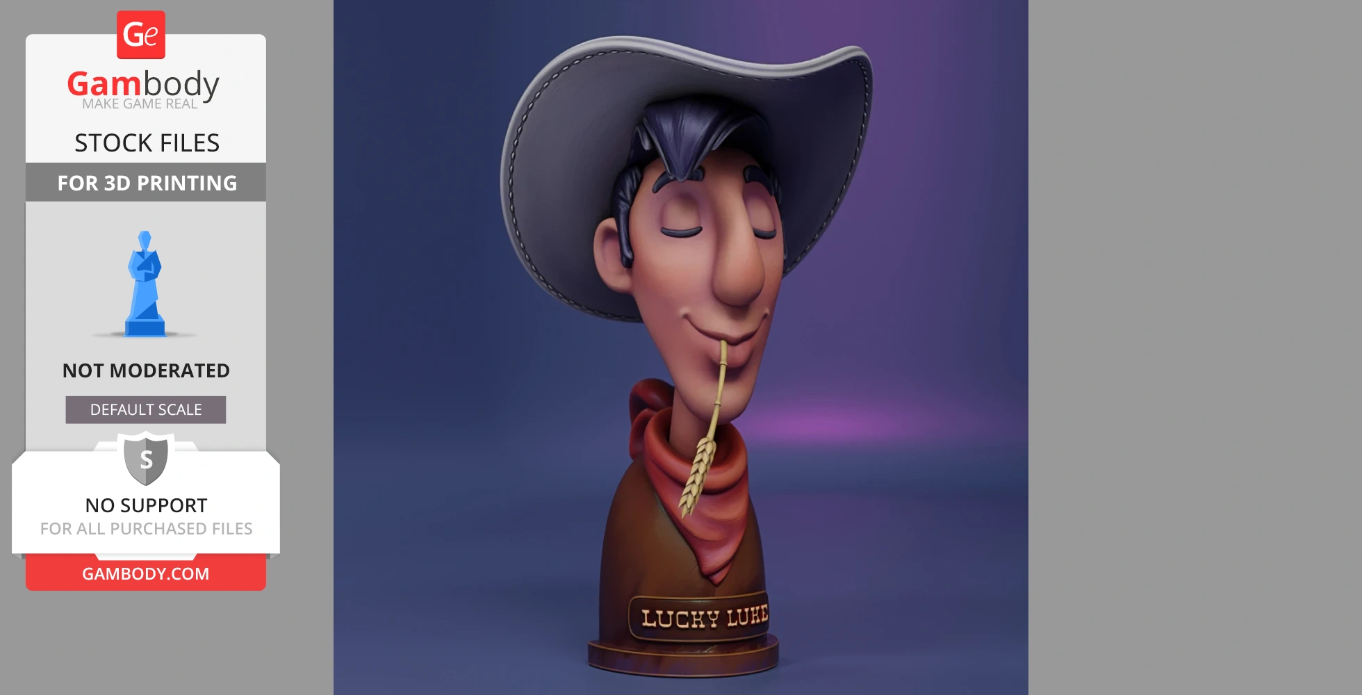 Cowboy bust with closed eyes, wide hat, red neckerchief, and straw in mouth on a 'Lucky Luke' base.
