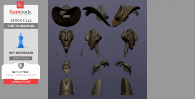 3D model parts of a cartoon cowboy bust including hat, face, and base, arranged for 3D printing.