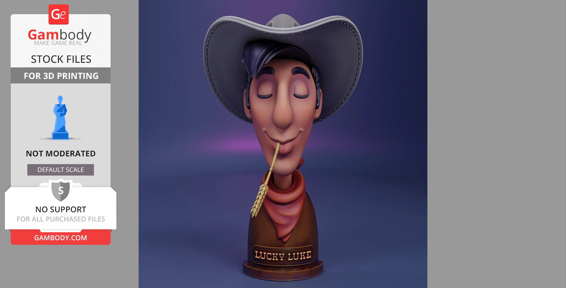 Cowboy bust with hat, closed eyes, and wheat stalk in mouth on a labeled base.