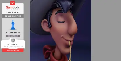 Cowboy cartoon character bust, eyes closed, smirking with straw in mouth, wearing a wide-brimmed hat.