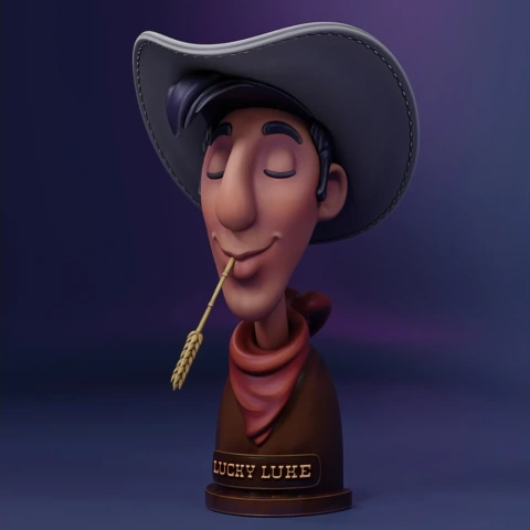 3D bust of cartoon cowboy with closed eyes, large hat, and wheat stalk in mouth.
