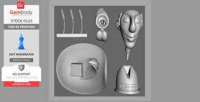 3D model parts for a Lucky Luke bust, including head, hat, base, and other components.