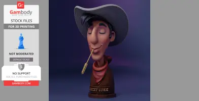 Cartoonish cowboy bust with closed eyes, wide-brimmed hat, holding straw in mouth, labeled 'Lucky Luke.'