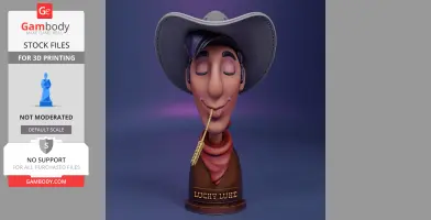 Cowboy bust with hat, closed eyes, and wheat stalk in mouth on a labeled base.