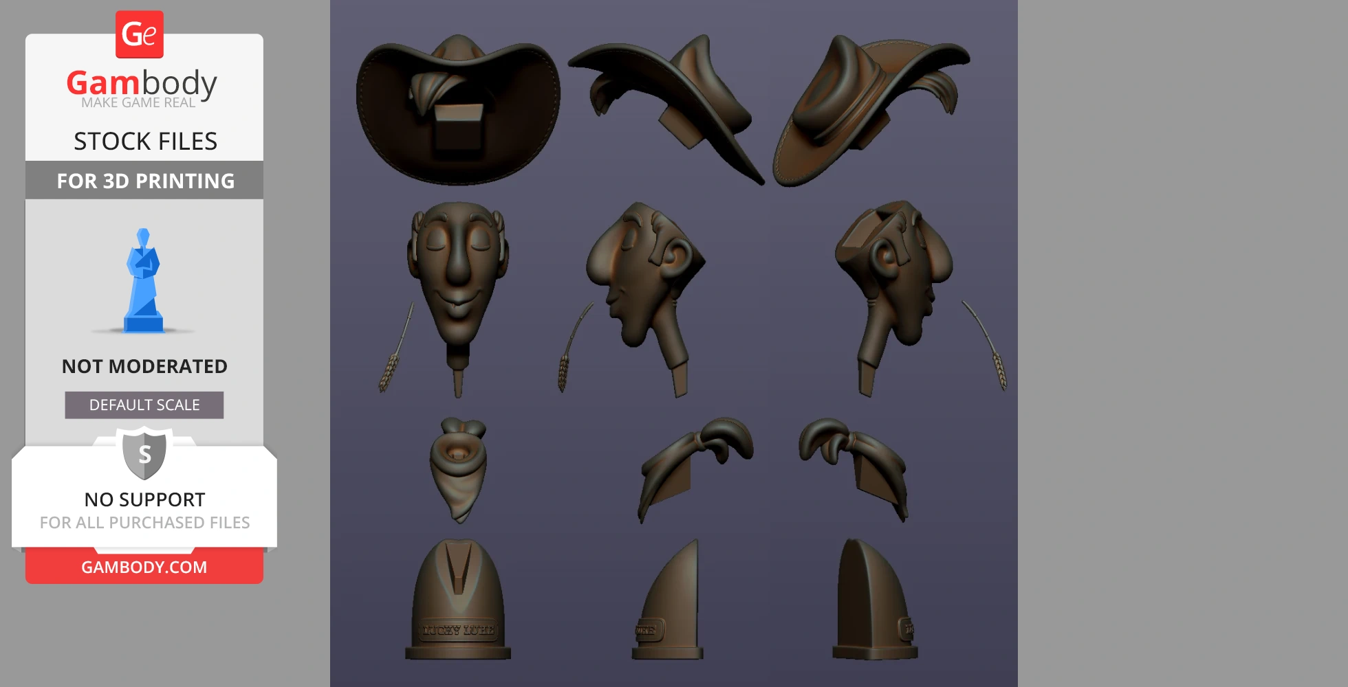 3D model parts of a cartoon cowboy bust including hat, face, and base, arranged for 3D printing.
