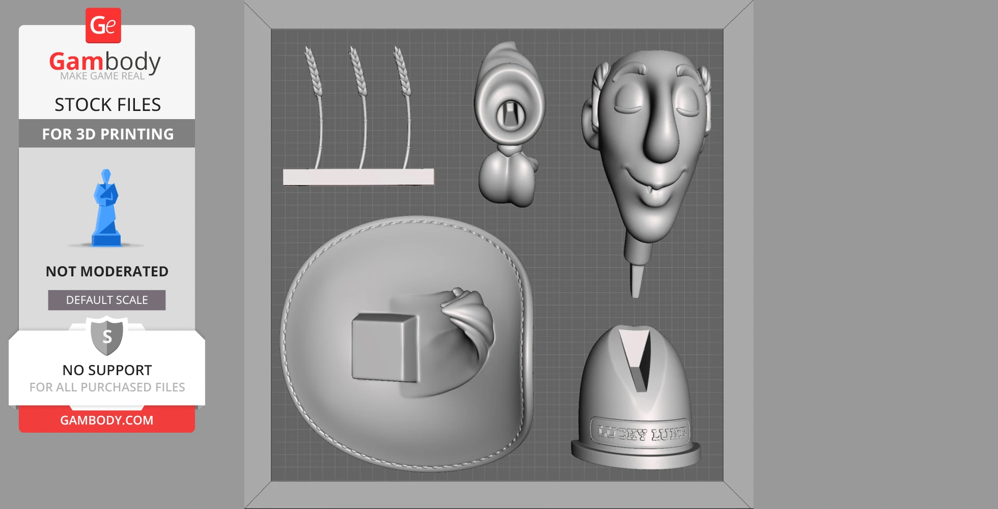 3D model parts for a Lucky Luke bust, including head, hat, base, and other components.