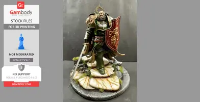 A detailed armored warrior holding a sword and shield, standing on a rocky base, with ornate armor and a halo.