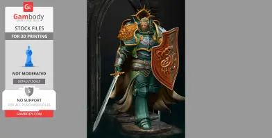 Armored warrior with cloak and shield, holding a sword, stands on a stone step under an archway.