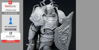 Armored warrior with lion-themed pauldrons and shield, detailed 3D model for printing.