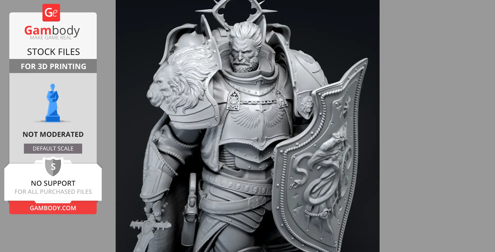 Armored warrior with lion-themed pauldrons and shield, detailed 3D model for printing.