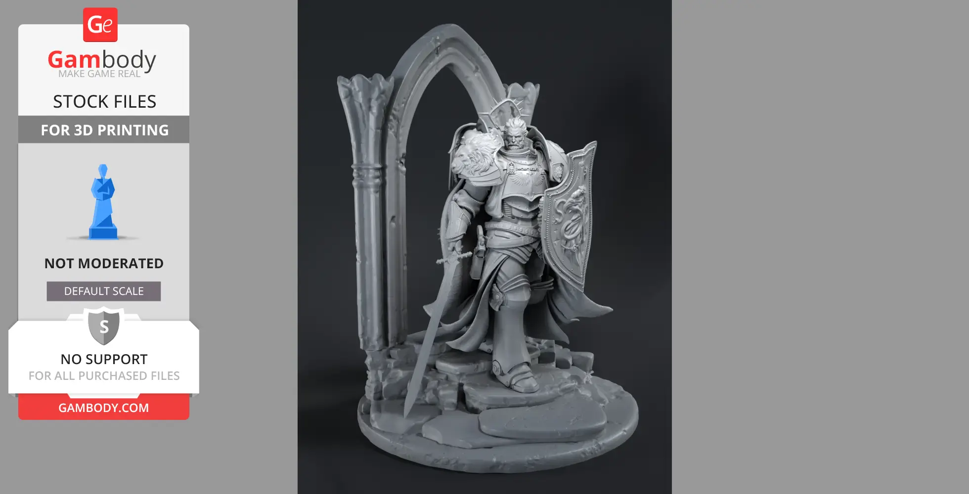 Armored figure with shield and sword, standing on rocky base by archway, in detailed 3D model for printing.