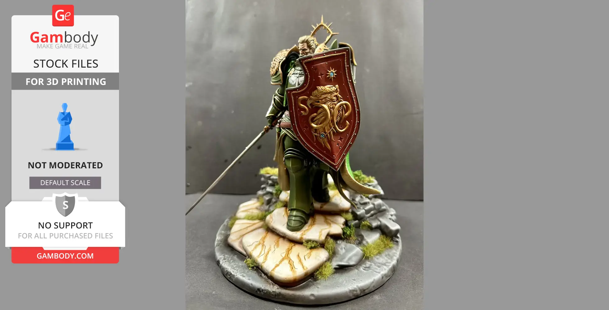 A detailed, armored figure with a shield and sword stands on a rocky base, ready for 3D printing.