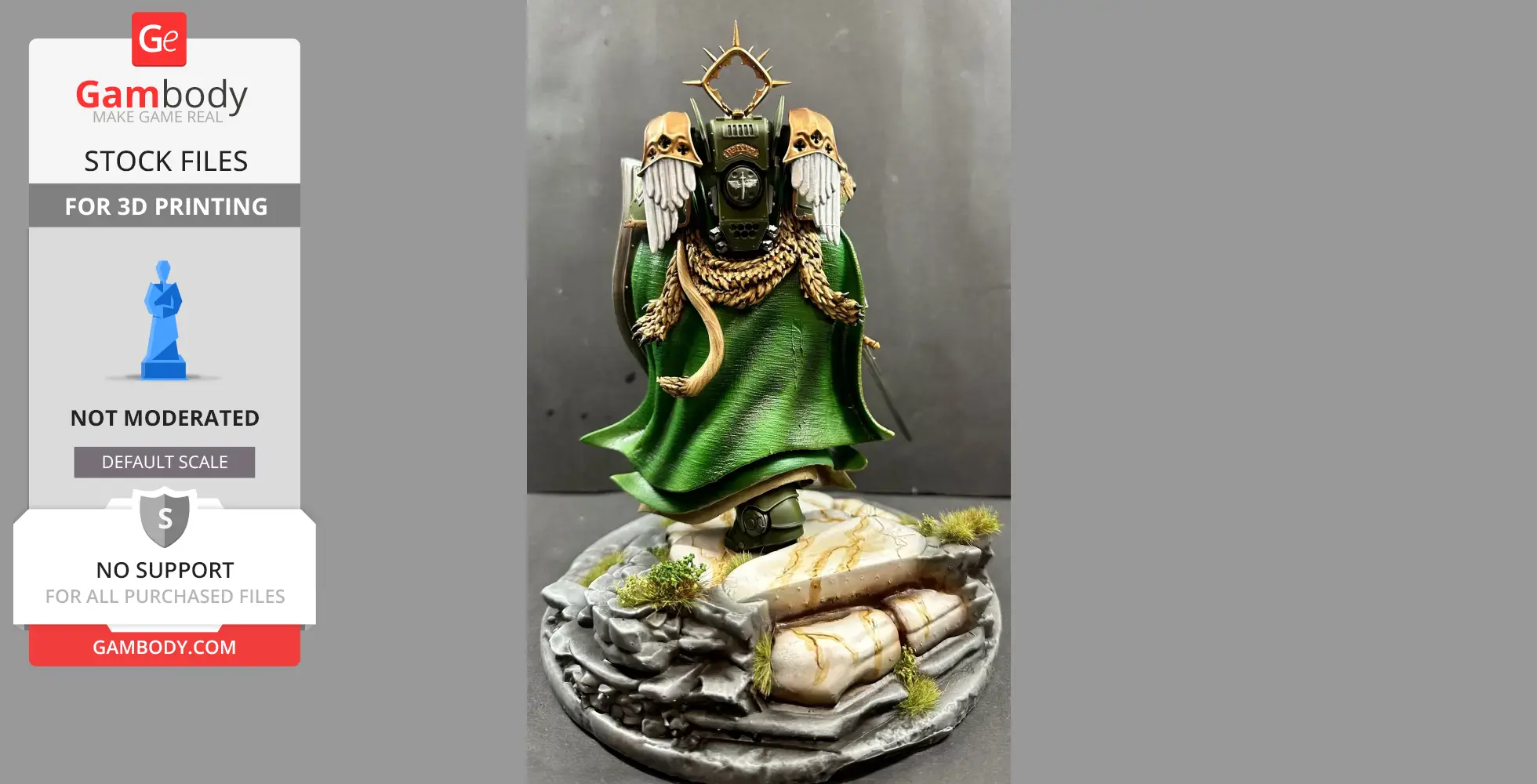 A detailed 3D model of a warrior in green armor with a golden cape, standing on a rocky base.