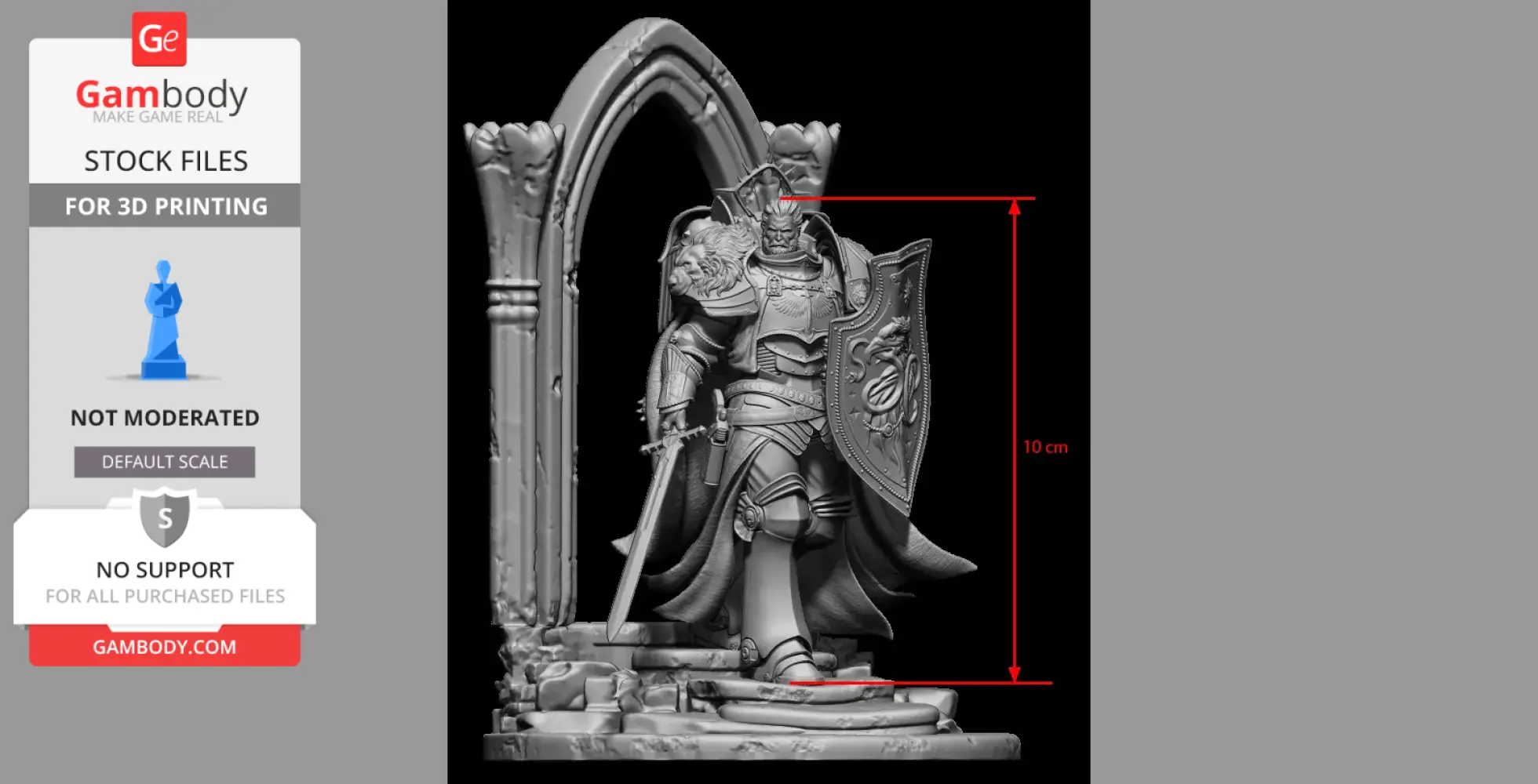 Armored warrior with shield and sword stands under an ornate archway, ready for 3D printing.