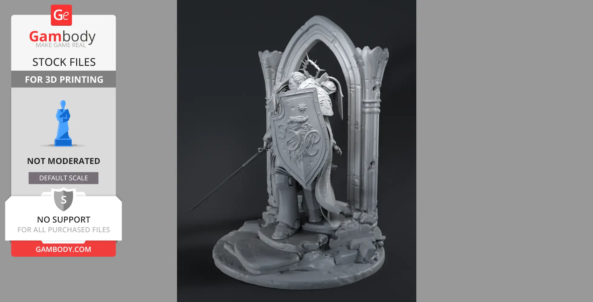 A 3D model of an armored warrior with a detailed shield and sword, standing under an arched ruin.