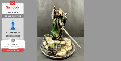 A detailed armored warrior figure with a lion-themed cloak, holding a large sword, standing on rocky terrain.