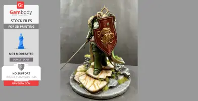 A detailed, armored figure with a shield and sword stands on a rocky base, ready for 3D printing.