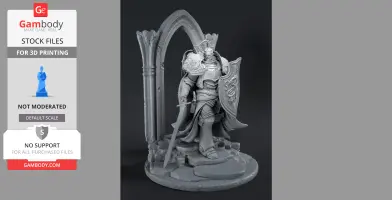 Armored figure with shield and sword, standing on rocky base by archway, in detailed 3D model for printing.