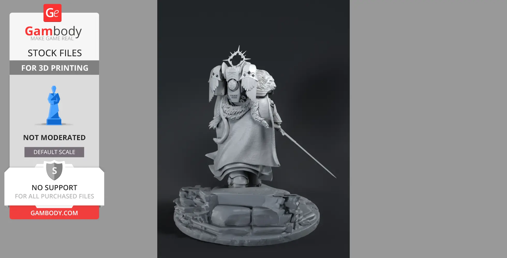A detailed 3D model of a cloaked warrior with ornate armor, holding a sword, standing on a rocky base.