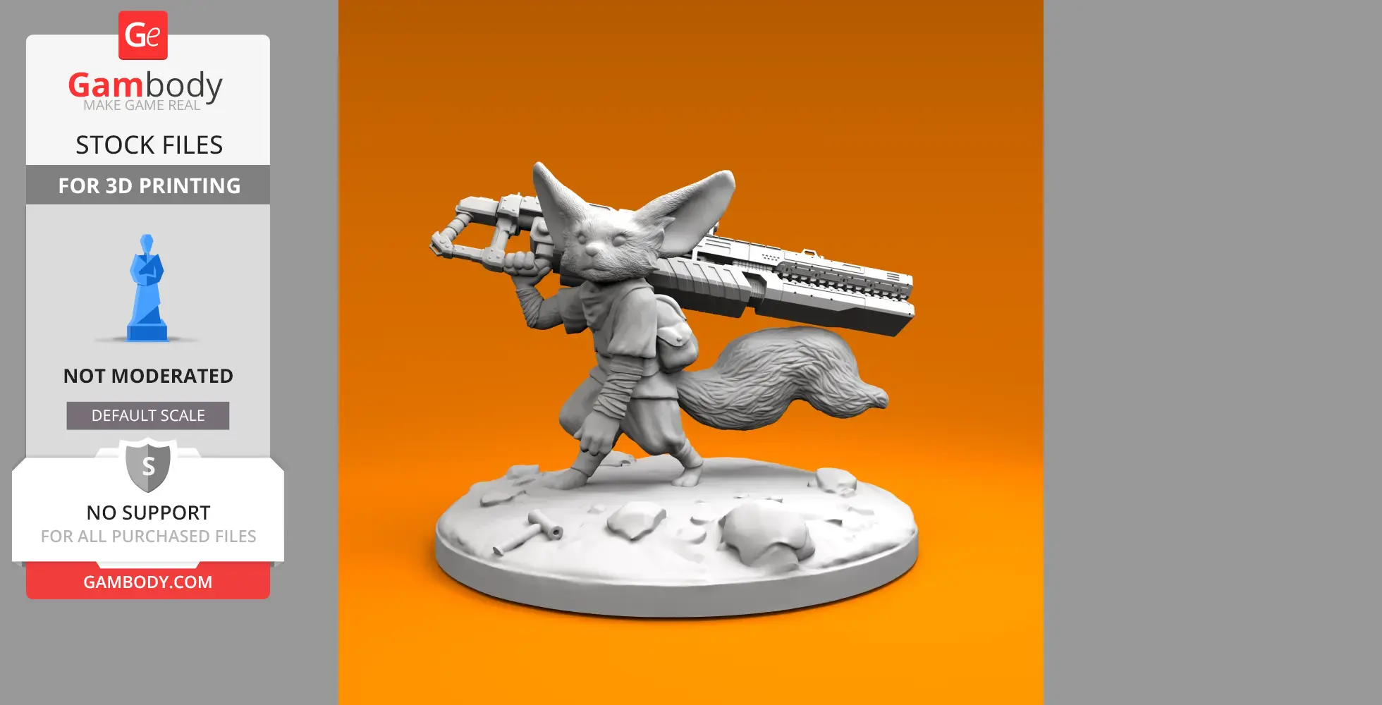 A fennec fox miniature carrying a large weapon on its shoulder, walking on a textured base.