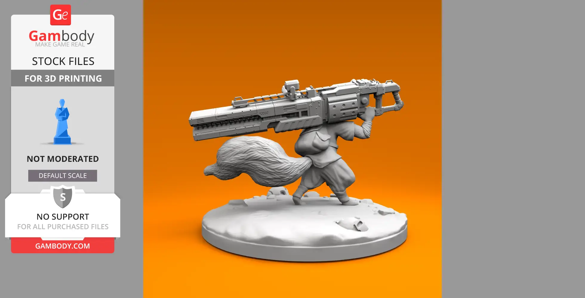 A fennec fox miniature holding a large weapon, standing on a textured base with an orange background.