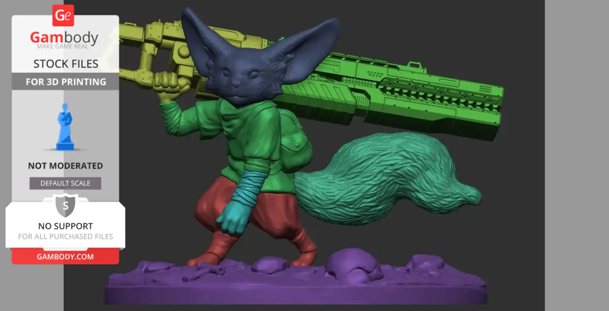 Fennec fox with a large gun, wearing a backpack, posed on a rocky base, ready for 3D printing.