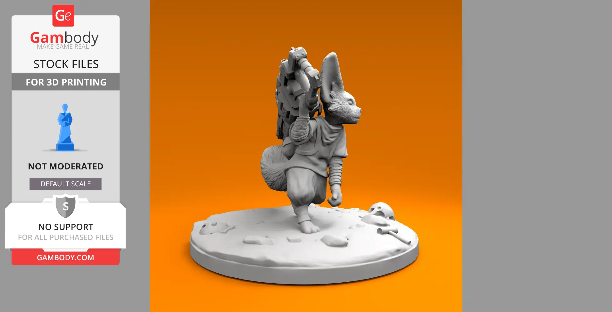 Armed Fennec Fox miniature standing on a desert-themed base, holding a large weapon.