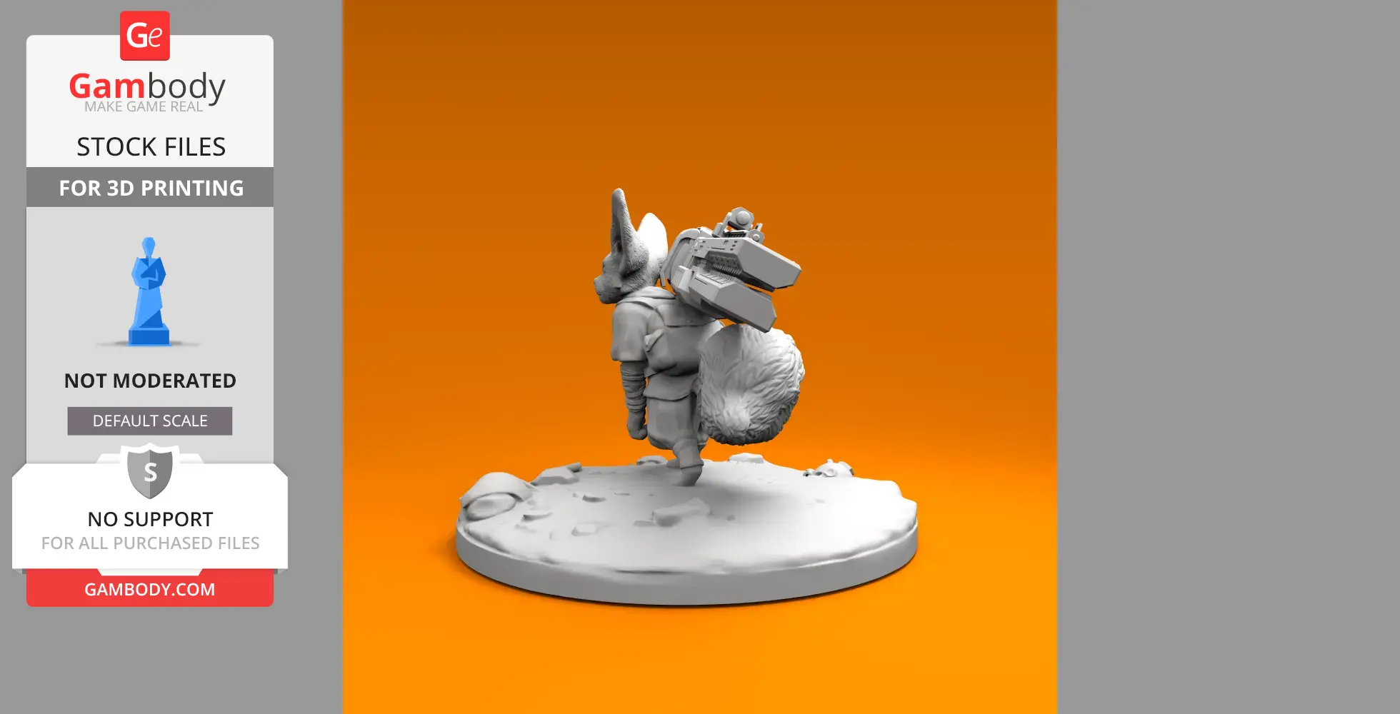A fennec fox miniature with armor and a large weapon stands on a textured base, ready for 3D printing.