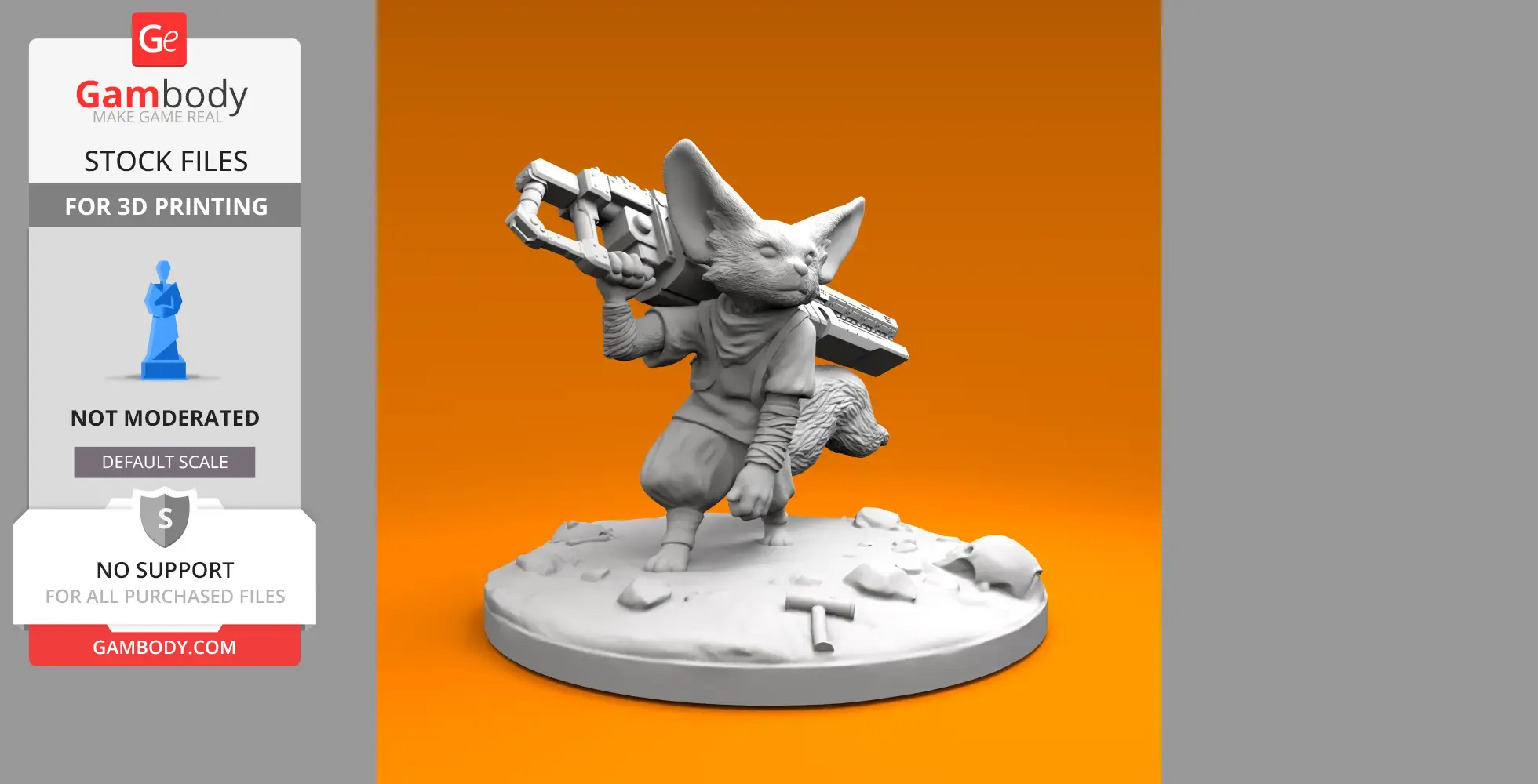 Anthropomorphic fennec fox with large gun, standing on rocky base, in dynamic pose for 3D printing.