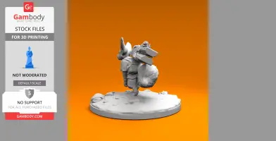 A fennec fox miniature with armor and a large weapon stands on a textured base, ready for 3D printing.