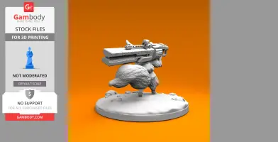 Armed fennec fox miniature with large weapon, standing on a base, designed for 3D printing.