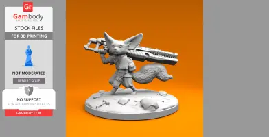 A fennec fox miniature carrying a large weapon on its shoulder, walking on a textured base.