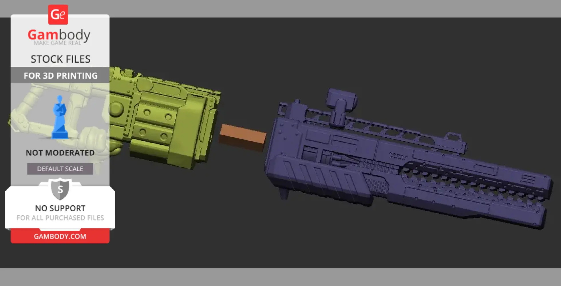 3D model of a modular futuristic gun with green and purple components, designed for 3D printing.