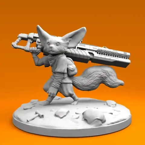 Armed fennec fox miniature with a large gun, walking on a desert-themed base.