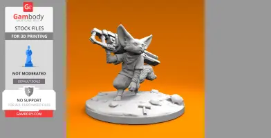 Anthropomorphic fennec fox with large gun, standing on rocky base, in dynamic pose for 3D printing.