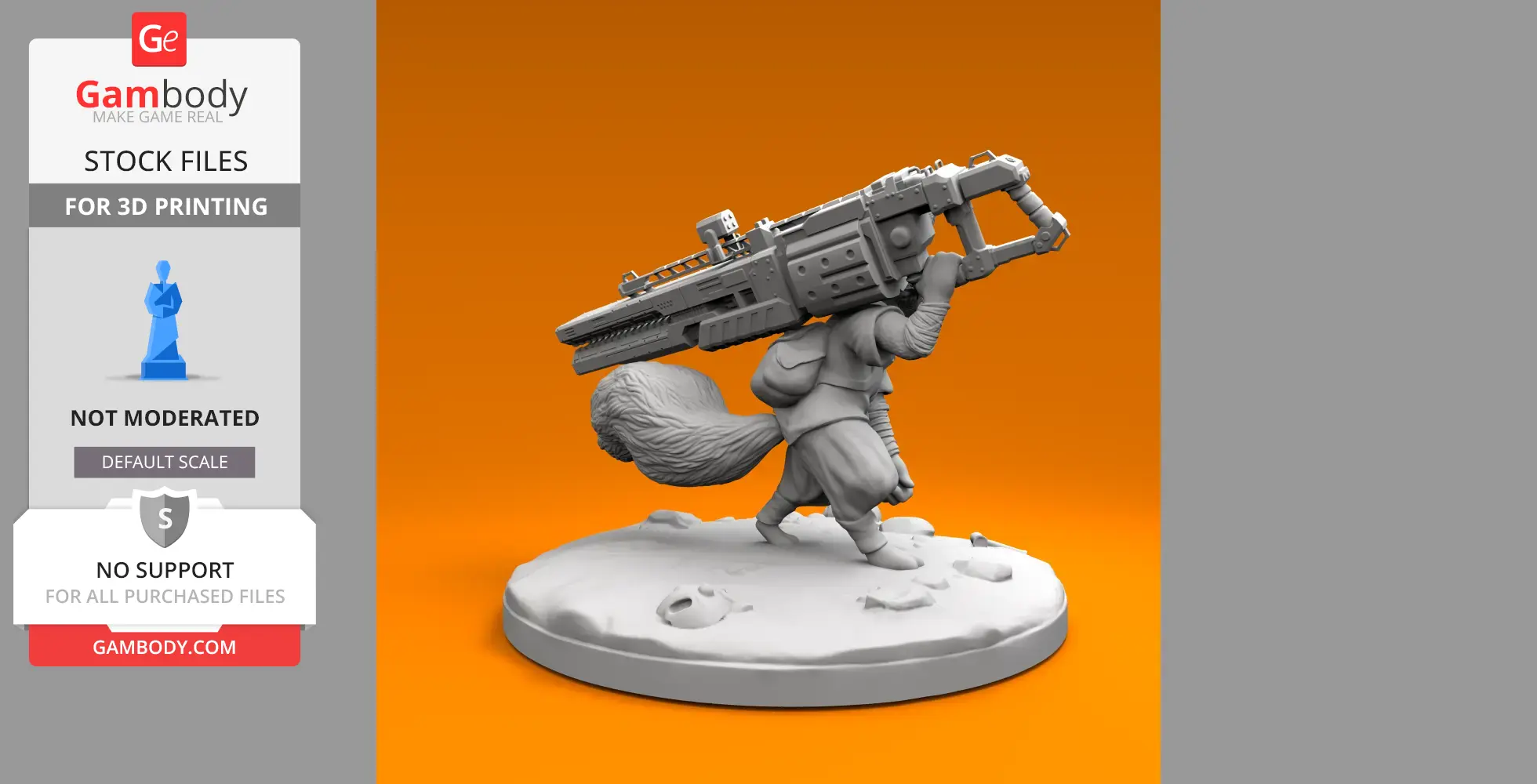 Fennec fox miniature carrying a large futuristic weapon, standing on a textured base.
